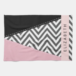 Grått Zigzag, Grått Chevron, Rosa, ditt namn Kökshandduk