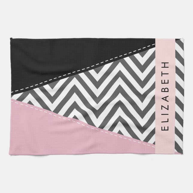 Grått Zigzag, Grått Chevron, Rosa, ditt namn Kökshandduk (Horisontell)