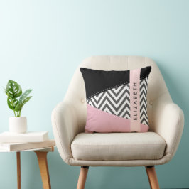 Grått Zigzag, Grått Chevron, Rosa, ditt namn Kudde