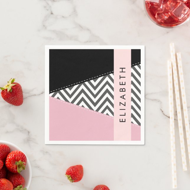 Grått Zigzag, Grått Chevron, Rosa, ditt namn Pappersservett (Insitu)