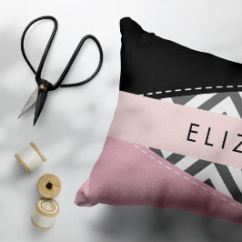 Grått Zigzag, Grått Chevron, Rosa, ditt namn Prydnadskudde