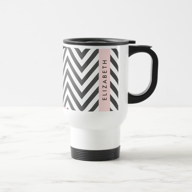 Grått Zigzag, Grått Chevron, Rosa, ditt namn Resemugg (Höger)