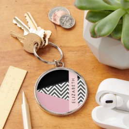 Grått Zigzag, Grått Chevron, Rosa, ditt namn Rund Silverfärgad Nyckelring