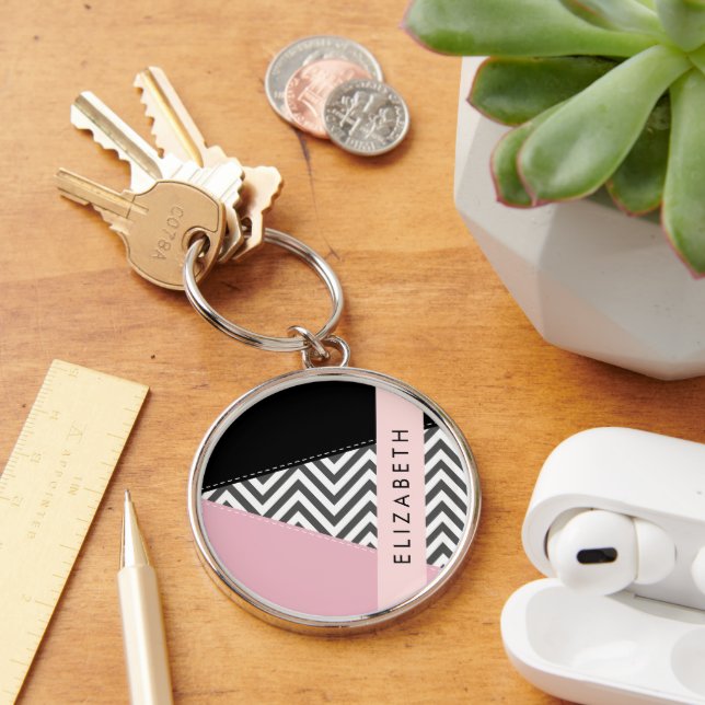 Grått Zigzag, Grått Chevron, Rosa, ditt namn Rund Silverfärgad Nyckelring (Skrivbord)
