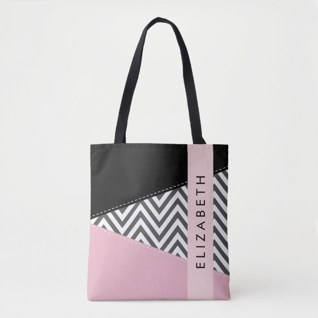 Grått Zigzag, Grått Chevron, Rosa, ditt namn Tygkasse (Framsida)