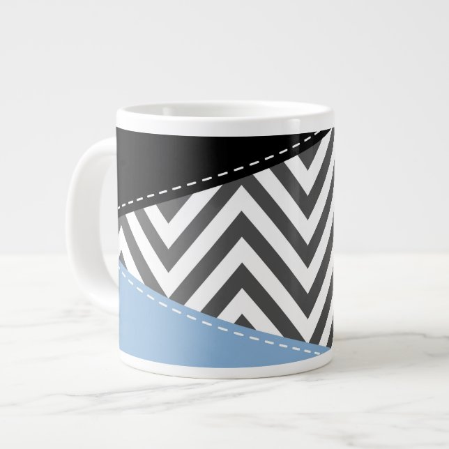 Grått Zigzag, Grått Chevron, Zigzag Mönster, Blue Jumbo Mugg (Framsida vänster)