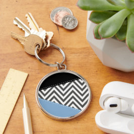 Grått Zigzag, Grått Chevron, Zigzag Mönster, Blue Rund Silverfärgad Nyckelring