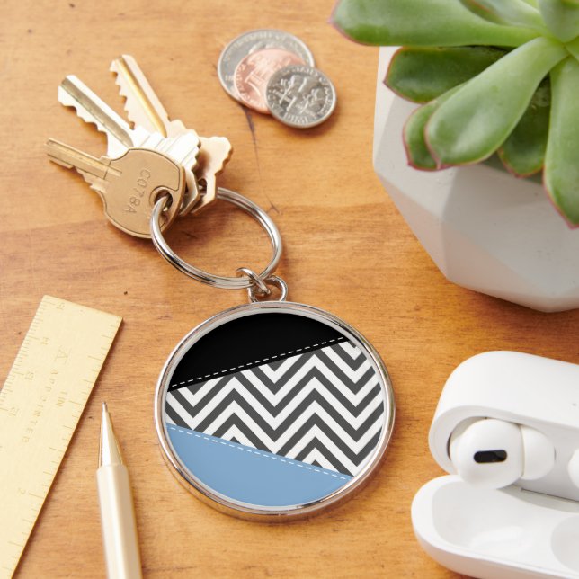 Grått Zigzag, Grått Chevron, Zigzag Mönster, Blue Rund Silverfärgad Nyckelring (Skrivbord)