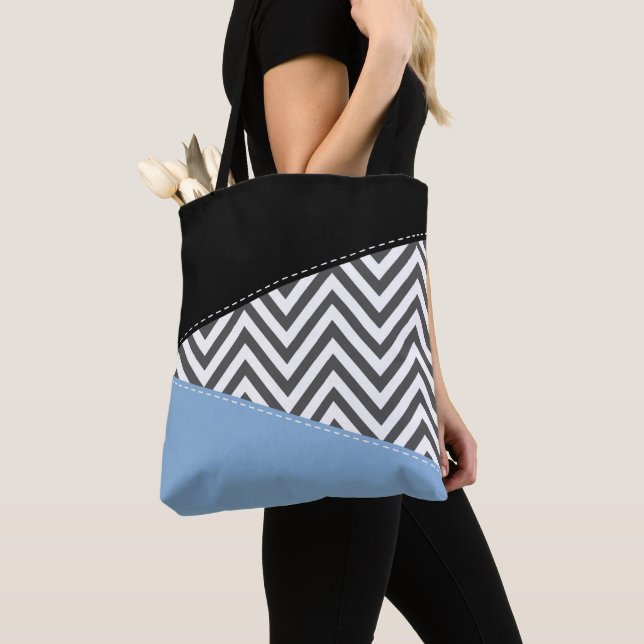 Grått Zigzag, Grått Chevron, Zigzag Mönster, Blue Tygkasse (Närbild)