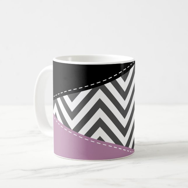Grått Zigzag, Grått Chevron, Zigzag Mönster, Lila Kaffemugg (Framsida vänster)