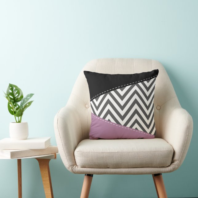 Grått Zigzag, Grått Chevron, Zigzag Mönster, Lila Kudde (Stol)
