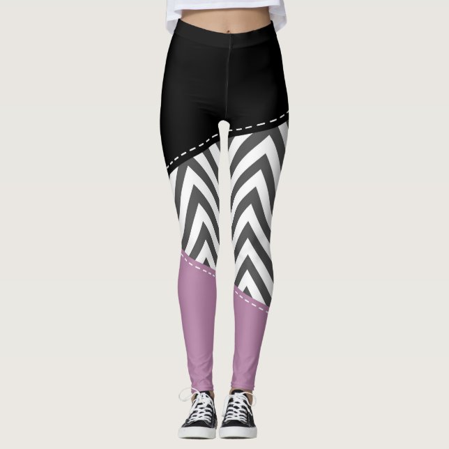 Grått Zigzag, Grått Chevron, Zigzag Mönster, Lila Leggings (Framsida)