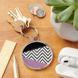 Grått Zigzag, Grått Chevron, Zigzag Mönster, Lila Rund Silverfärgad Nyckelring