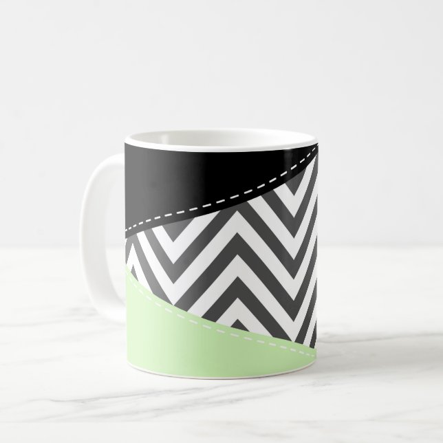 Grått Zigzag, Grått Chevron, Zigzag Mönster, Mint Kaffemugg (Framsida vänster)
