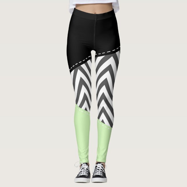 Grått Zigzag, Grått Chevron, Zigzag Mönster, Mint Leggings (Framsida)