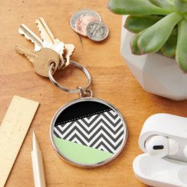 Grått Zigzag, Grått Chevron, Zigzag Mönster, Mint Rund Silverfärgad Nyckelring