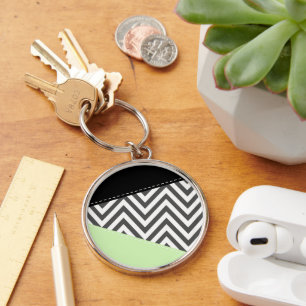 Grått Zigzag, Grått Chevron, Zigzag Mönster, Mint Rund Silverfärgad Nyckelring