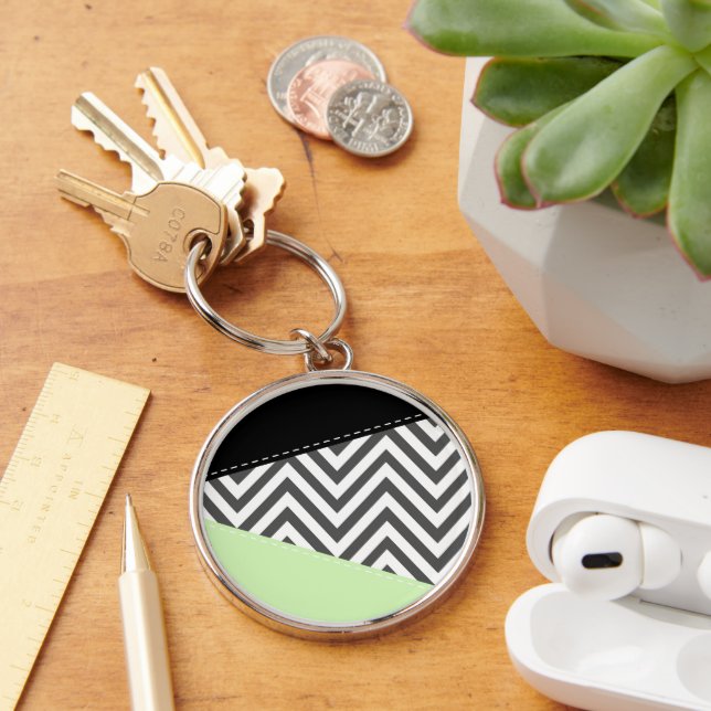 Grått Zigzag, Grått Chevron, Zigzag Mönster, Mint Rund Silverfärgad Nyckelring (Skrivbord)