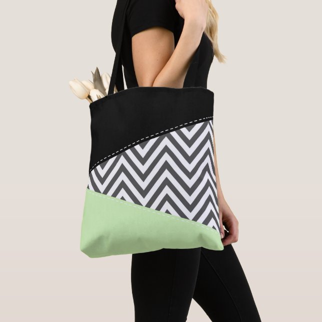 Grått Zigzag, Grått Chevron, Zigzag Mönster, Mint Tygkasse (Närbild)