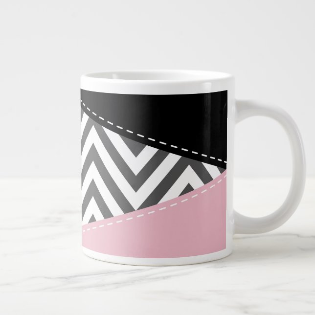 Grått Zigzag, Grått Chevron, Zigzag Mönster, Rosa Jumbo Mugg (Höger)