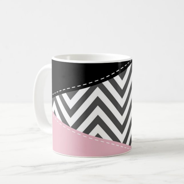 Grått Zigzag, Grått Chevron, Zigzag Mönster, Rosa Kaffemugg (Framsida vänster)
