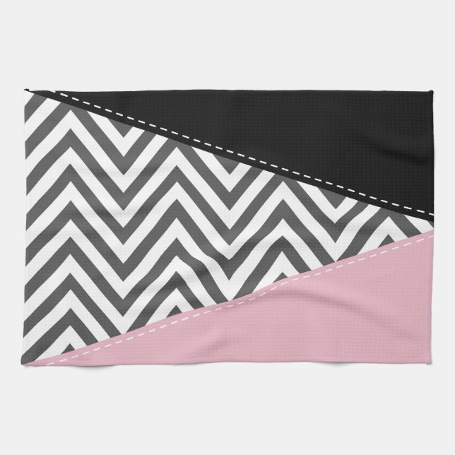 Grått Zigzag, Grått Chevron, Zigzag Mönster, Rosa Kökshandduk (Horisontell)