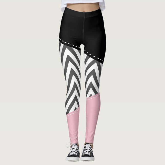 Grått Zigzag, Grått Chevron, Zigzag Mönster, Rosa Leggings (Framsida)