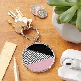 Grått Zigzag, Grått Chevron, Zigzag Mönster, Rosa Rund Silverfärgad Nyckelring
