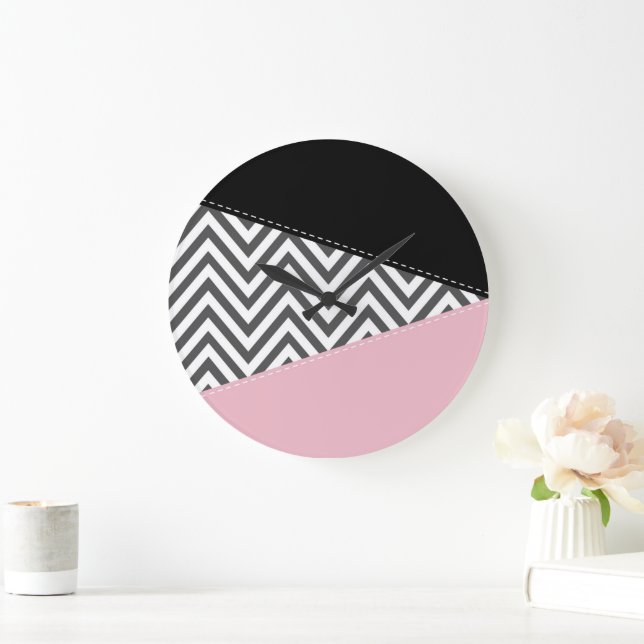 Grått Zigzag, Grått Chevron, Zigzag Mönster, Rosa Stor Klocka (Hem)