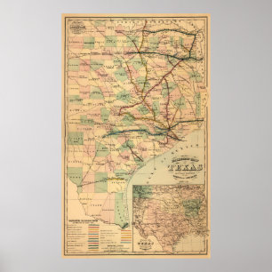 Gråttets Järnväg Karta i Texas (1877) Poster