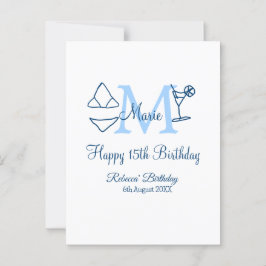 Grattis 15-årsdag blå badklänning med namnmonogram vykort