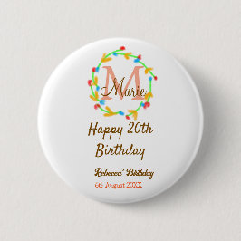 Grattis 20-årsdag röd monogramkrans med namn knapp