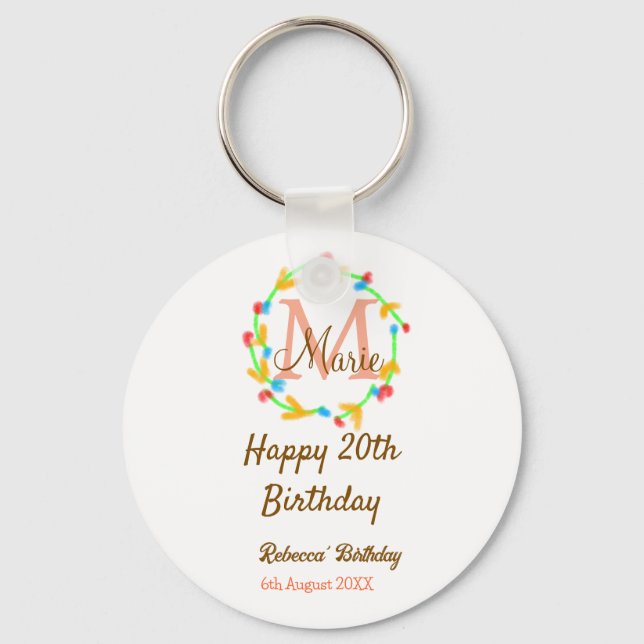 Grattis 20-årsdag röd monogramkrans med namn nyckelring (Framsida)