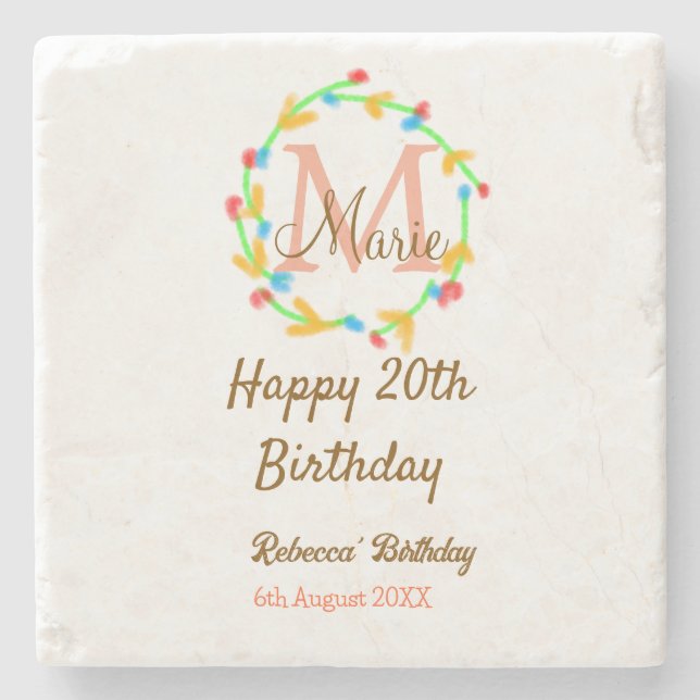 Grattis 20-årsdag röd monogramkrans med namn stenunderlägg (Framsidan)