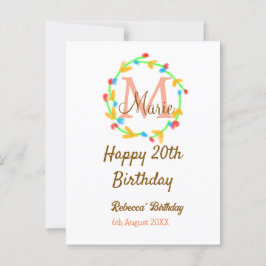 Grattis 20-årsdag röd monogramkrans med namn vykort