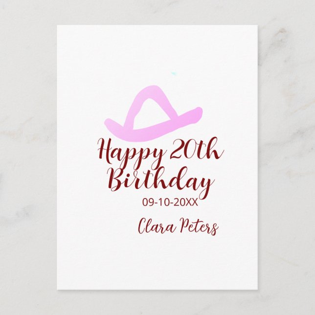 Grattis 20-årsdag rosa cowboytjej namn datum sim vykort (Framsida)