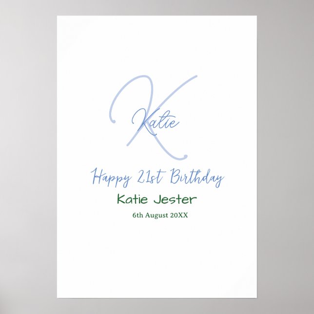 Grattis 21-årsdag blå lägg till namnmonogram moder poster (Framsidan)