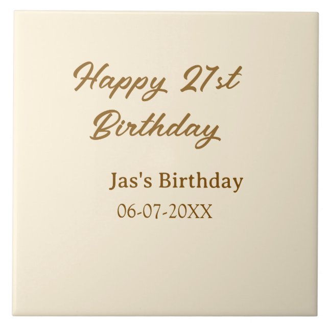 Grattis 21-årsdag brun pastell gul namn datum  kakelplatta (Framsidan)