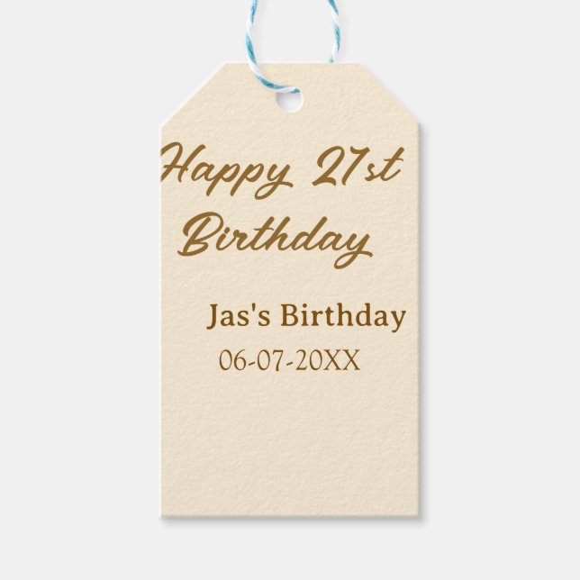 Grattis 21-årsdag brun pastellgul namn datum  presentetikett (Framsidan)