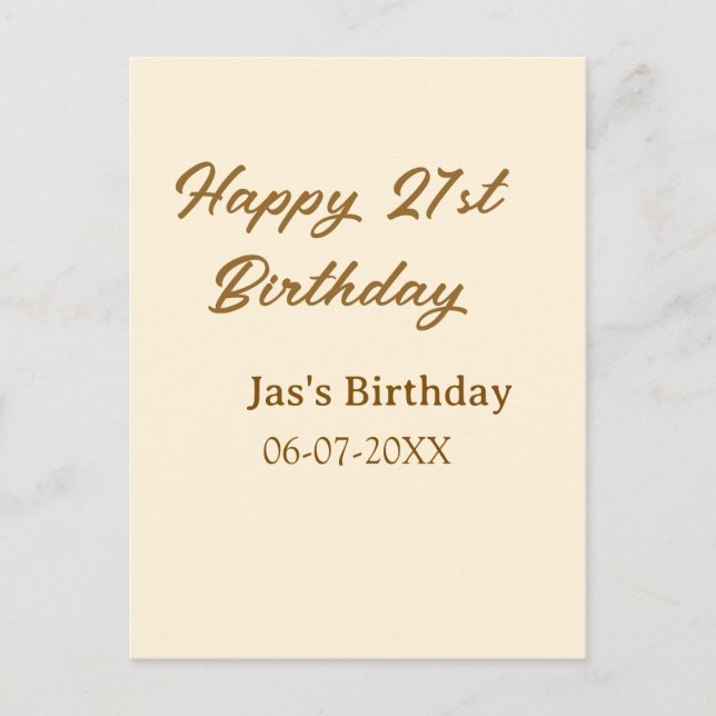Grattis 21-årsdag brun pastellgul namn datum  vykort (Framsida)