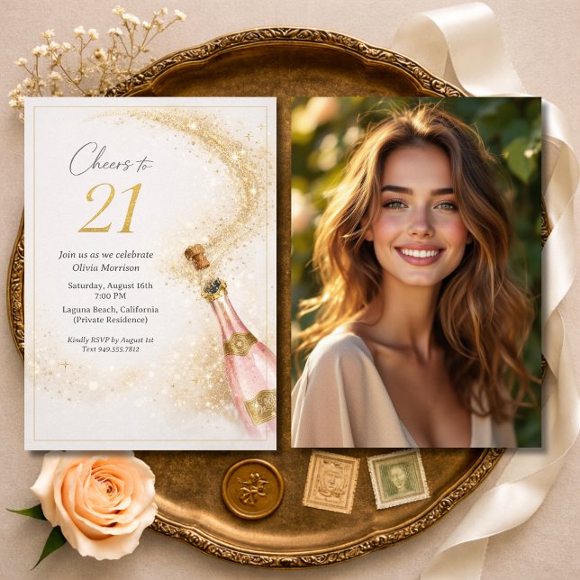Grattis 21-årsdag Foto Rosa Guld Champagne Inbjudningar (Skapare uppladdad)
