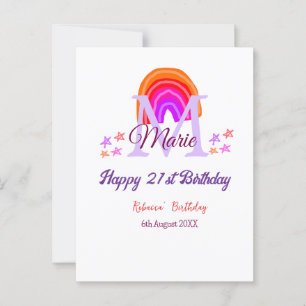 Grattis 21-årsdag rosa monogram regnbåge vykort