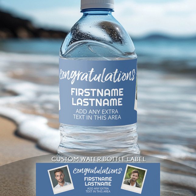 Grattis 2 fotosamling - Kan redigera färg Vattenflaskor Etikett (Congratulation custom water bottle label with 2 photos)