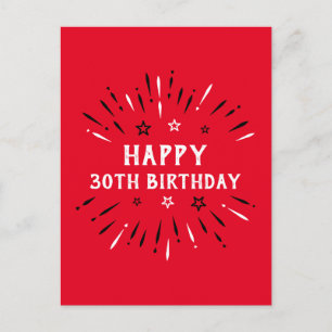 Grattis 30-årsdag Fyrverkerier Röd Svart Vit Vykort