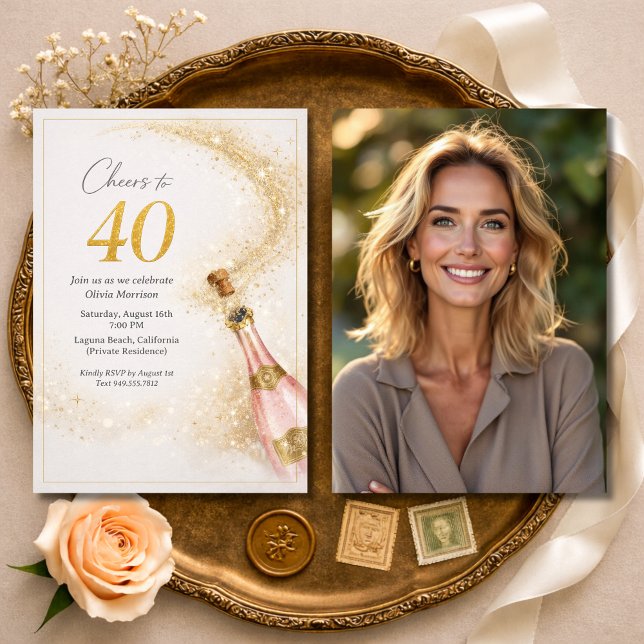 Grattis 40-årsdag Foto Rosa Guld Champagne Inbjudningar (Skapare uppladdad)