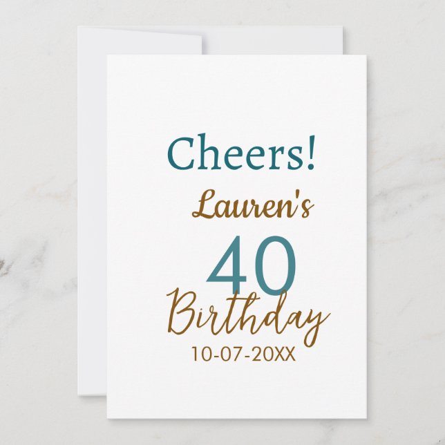 Grattis 40-årsdag namn datum brun turkos sim inbjudningar (Framsida)