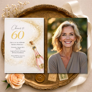 Grattis 60-årsdag Foto Rosa Guld Champagne Inbjudningar