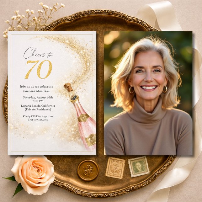 Grattis 70-årsdag Foto Rosa Guld Champagne Inbjudningar (Skapare uppladdad)