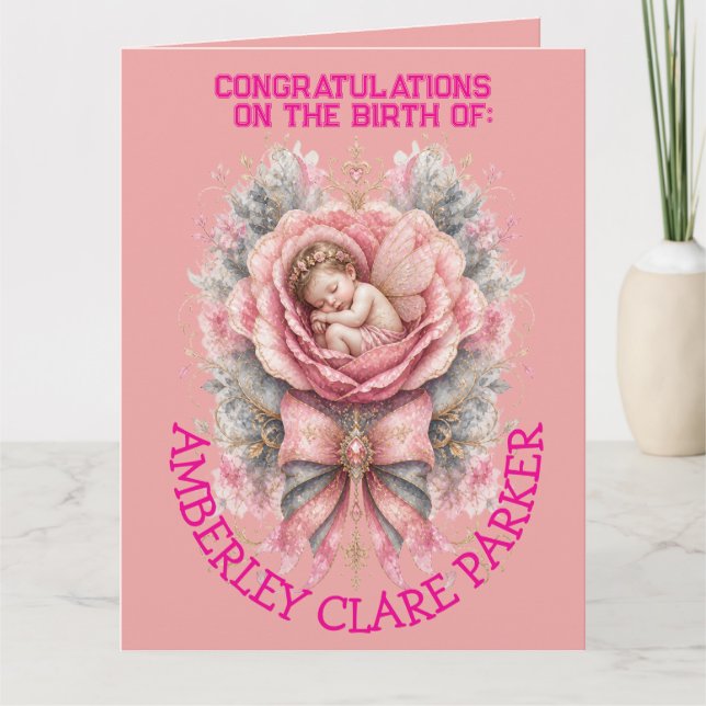 Grattis Bebis Ängelflicka Rosa Ros Födelse  Kort (Framsida)