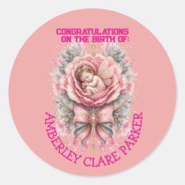 Grattis Bebis Ängelflicka Rosa Ros Födelse Runt Klistermärke